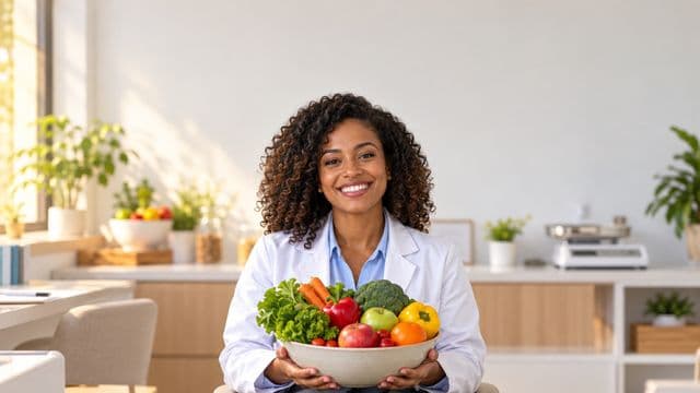 Nutricionista sorrindo, com jaleco branco sobre camisa azul-clara, segurando uma tigela de frutas e legumes frescos, em um consultório de nutrição claro com bancada e balança