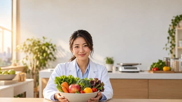 Nutricionista sorrindo, com jaleco branco sobre camisa azul-clara, segurando uma tigela de frutas e legumes frescos, em um consultório de nutrição claro com bancada e balança