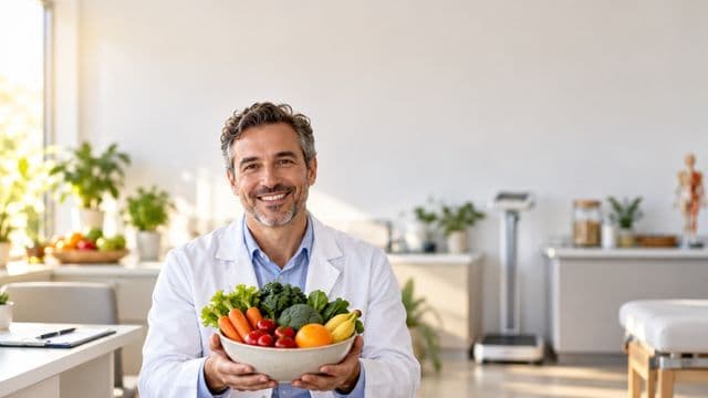 Nutricionista sorrindo, com jaleco branco sobre camisa azul-clara, segurando uma tigela de frutas e legumes frescos, em um consultório de nutrição claro com bancada e balança