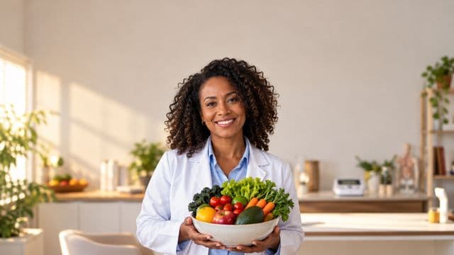 Nutricionista sorrindo, com jaleco branco sobre camisa azul-clara, segurando uma tigela de frutas e legumes frescos, em um consultório de nutrição claro com bancada e balança