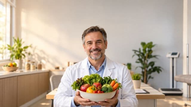 Nutricionista sorrindo, com jaleco branco sobre camisa azul-clara, segurando uma tigela de frutas e legumes frescos, em um consultório de nutrição claro com bancada e balança