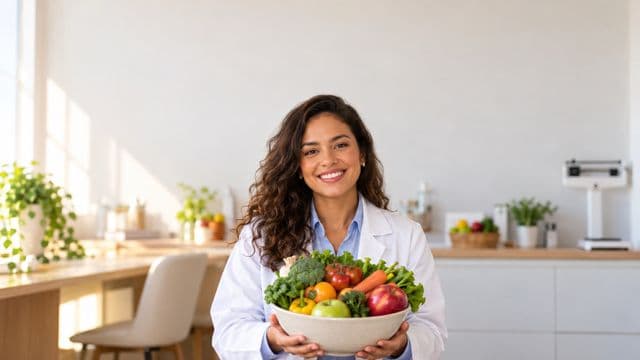 Nutricionista sorrindo, com jaleco branco sobre camisa azul-clara, segurando uma tigela de frutas e legumes frescos, em um consultório de nutrição claro com bancada e balança