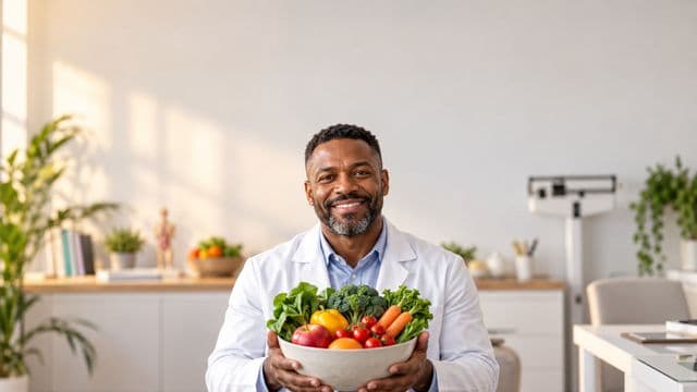 Nutricionista sorrindo, com jaleco branco sobre camisa azul-clara, segurando uma tigela de frutas e legumes frescos, em um consultório de nutrição claro com bancada e balança