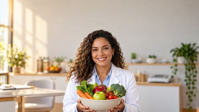 Nutricionista sorrindo, com jaleco branco sobre camisa azul-clara, segurando uma tigela de frutas e legumes frescos, em um consultório de nutrição claro com bancada e balança