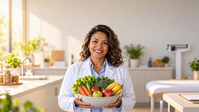 Nutricionista sorrindo, com jaleco branco sobre camisa azul-clara, segurando uma tigela de frutas e legumes frescos, em um consultório de nutrição claro com bancada e balança
