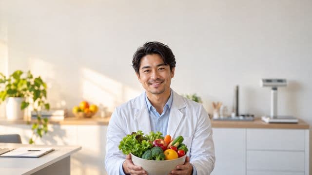 Nutricionista sorrindo, com jaleco branco sobre camisa azul-clara, segurando uma tigela de frutas e legumes frescos, em um consultório de nutrição claro com bancada e balança