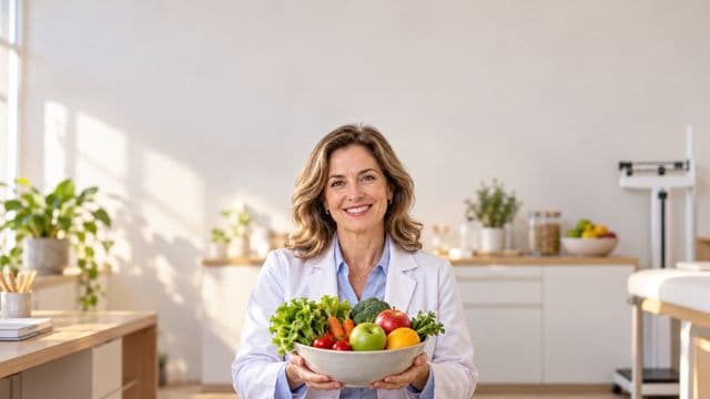 Nutricionista sorrindo, com jaleco branco sobre camisa azul-clara, segurando uma tigela de frutas e legumes frescos, em um consultório de nutrição claro com bancada e balança