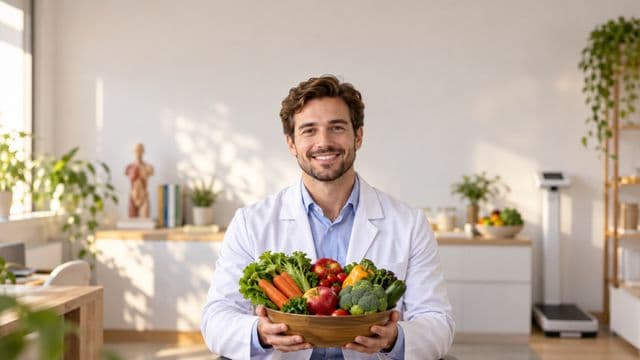Nutricionista sorrindo, com jaleco branco sobre camisa azul-clara, segurando uma tigela de frutas e legumes frescos, em um consultório de nutrição claro com bancada e balança