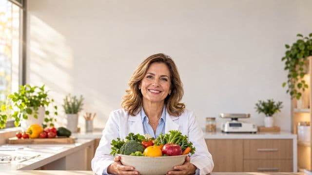 Nutricionista sorrindo, com jaleco branco sobre camisa azul-clara, segurando uma tigela de frutas e legumes frescos, em um consultório de nutrição claro com bancada e balança