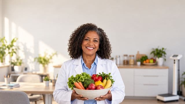 Nutricionista sorrindo, com jaleco branco sobre camisa azul-clara, segurando uma tigela de frutas e legumes frescos, em um consultório de nutrição claro com bancada e balança