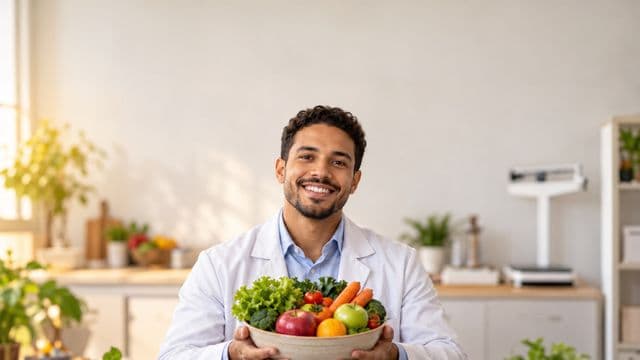 Nutricionista sorrindo, com jaleco branco sobre camisa azul-clara, segurando uma tigela de frutas e legumes frescos, em um consultório de nutrição claro com bancada e balança