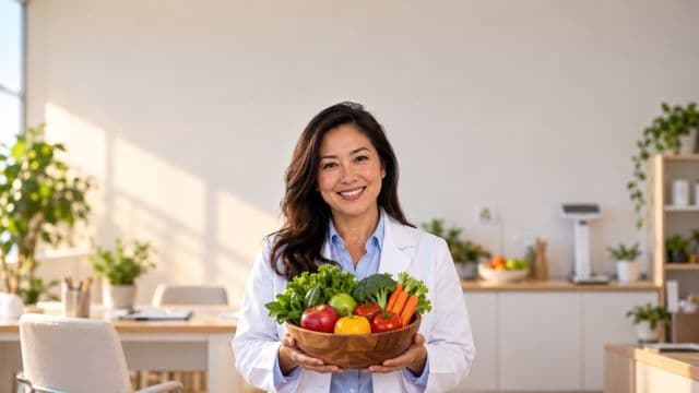 Nutricionista sorrindo, com jaleco branco sobre camisa azul-clara, segurando uma tigela de frutas e legumes frescos, em um consultório de nutrição claro com bancada e balança