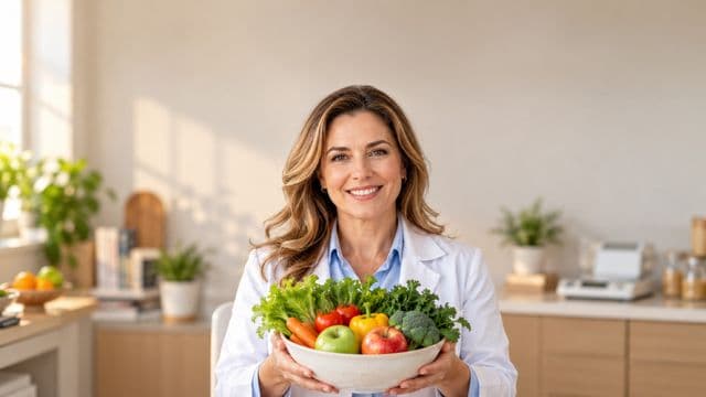Nutricionista sorrindo, com jaleco branco sobre camisa azul-clara, segurando uma tigela de frutas e legumes frescos, em um consultório de nutrição claro com bancada e balança
