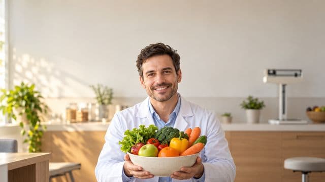 Nutricionista sorrindo, com jaleco branco sobre camisa azul-clara, segurando uma tigela de frutas e legumes frescos, em um consultório de nutrição claro com bancada e balança