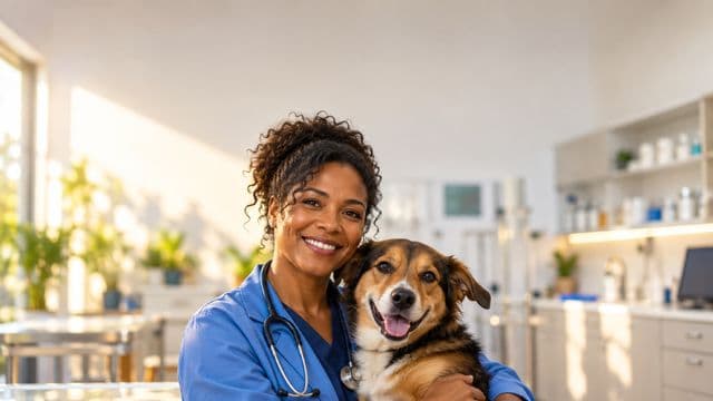 Médica veterinária sorrindo, com jaleco azul e estetoscópio, segurando com carinho um cachorro de porte médio, em uma clínica veterinária moderna e clara