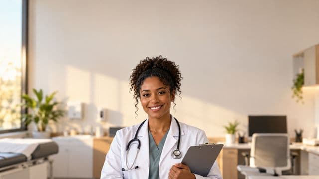 Médica sorrindo, com jaleco branco e estetoscópio, segurando uma prancheta, em um consultório médico moderno e bem iluminado
