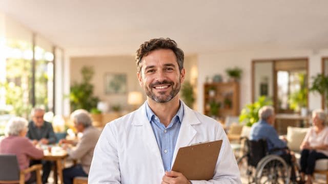 Profissional de gerontologia sorrindo, com jaleco branco sobre camisa azul-clara, segurando uma prancheta, em um centro de convivência para idosos, claro e acolhedor