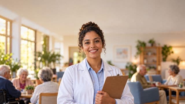 Profissional de gerontologia sorrindo, com jaleco branco sobre camisa azul-clara, segurando uma prancheta, em um centro de convivência para idosos, claro e acolhedor