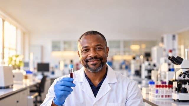 Biomédico sorrindo, com jaleco branco e luvas azuis, segurando um tubo de ensaio, em um laboratório de análises clínicas com microscópios e bancadas