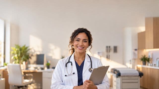 Médica sorrindo, com jaleco branco e estetoscópio, segurando uma prancheta, em um consultório médico moderno e bem iluminado