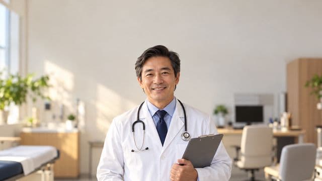 Médico sorrindo, com jaleco branco e estetoscópio, segurando uma prancheta, em um consultório médico moderno e bem iluminado