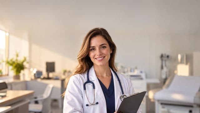 Médica sorrindo, com jaleco branco e estetoscópio, segurando uma prancheta, em um consultório médico moderno e bem iluminado