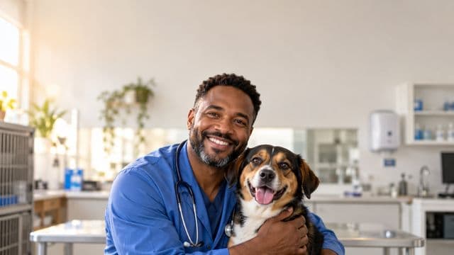 Médico veterinário sorrindo, com jaleco azul e estetoscópio, segurando com carinho um cachorro de porte médio, em uma clínica veterinária moderna e clara