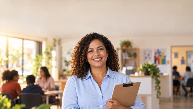 Assistente social sorrindo, com camisa azul-clara, segurando uma prancheta, em um centro de assistência social claro e acolhedor