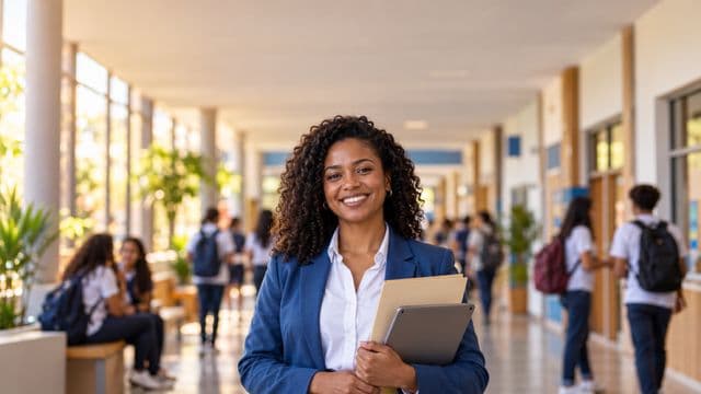 Gestora escolar sorrindo, com blazer azul sobre camisa branca, segurando uma pasta e um tablet, em o corredor de uma escola moderna com alunos desfocados