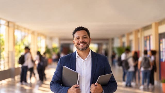 Gestor escolar sorrindo, com blazer azul sobre camisa branca, segurando uma pasta e um tablet, em o corredor de uma escola moderna com alunos desfocados