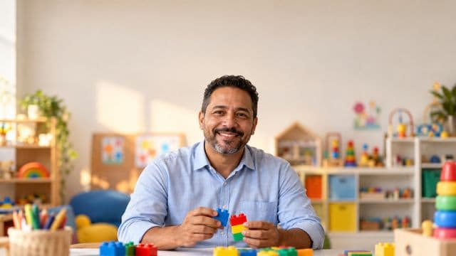 Psicopedagogo sorrindo, com camisa azul-clara, segurando blocos de montar coloridos, em uma sala de atendimento infantil colorida e organizada, com brinquedos pedagógicos