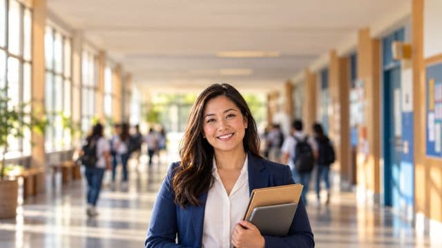 Gestora escolar sorrindo, com blazer azul sobre camisa branca, segurando uma pasta e um tablet, em o corredor de uma escola moderna com alunos desfocados