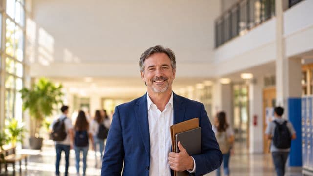 Gestor escolar sorrindo, com blazer azul sobre camisa branca, segurando uma pasta e um tablet, em o corredor de uma escola moderna com alunos desfocados