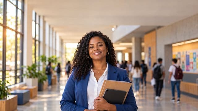 Gestora escolar sorrindo, com blazer azul sobre camisa branca, segurando uma pasta e um tablet, em o corredor de uma escola moderna com alunos desfocados
