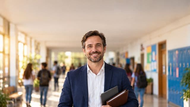 Gestor escolar sorrindo, com blazer azul sobre camisa branca, segurando uma pasta e um tablet, em o corredor de uma escola moderna com alunos desfocados