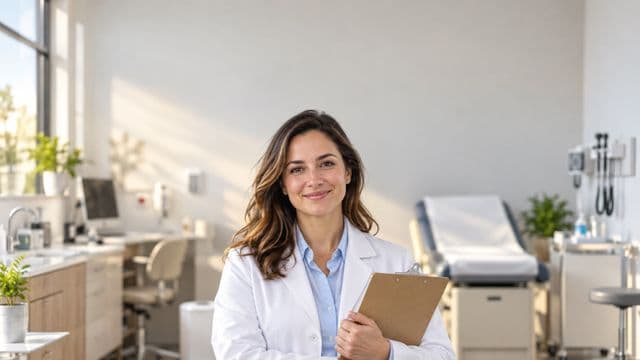 Profissional de saúde sorrindo, com jaleco branco sobre camisa azul-clara, segurando uma prancheta, em uma clínica moderna e bem iluminada