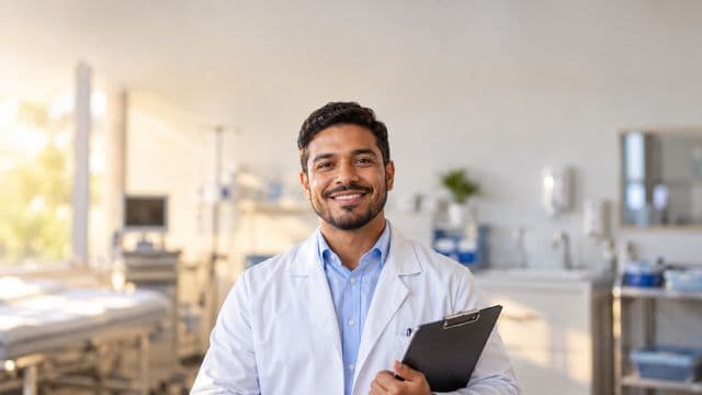 Profissional de saúde sorrindo, com jaleco branco sobre camisa azul-clara, segurando uma prancheta, em uma clínica moderna e bem iluminada