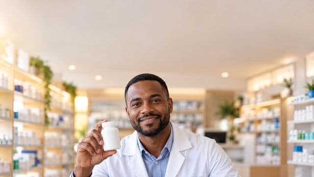 Farmacêutico sorrindo, com jaleco branco, segurando um frasco de medicamento sem rótulo legível, em uma farmácia moderna com prateleiras organizadas