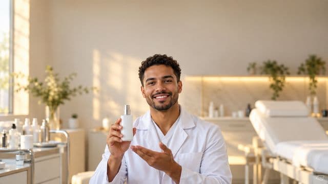 Profissional de estética sorrindo, com jaleco branco, segurando um frasco de cosmético sem rótulo, em uma clínica de estética clara e sofisticada