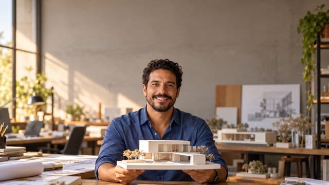 Arquiteto sorrindo, com camisa social azul, segurando uma pequena maquete branca, em um escritório de arquitetura com pranchetas e maquetes