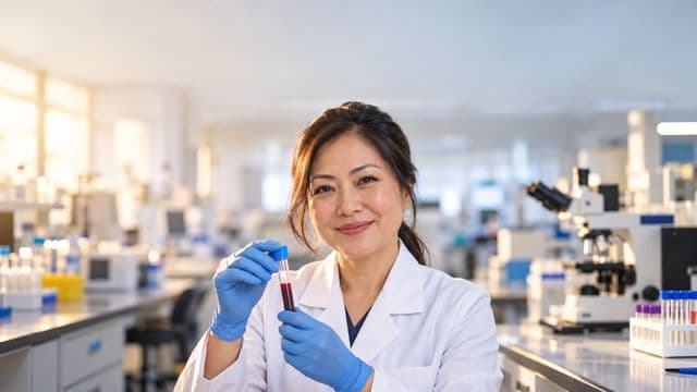 Biomédica sorrindo, com jaleco branco e luvas azuis, segurando um tubo de ensaio, em um laboratório de análises clínicas com microscópios e bancadas
