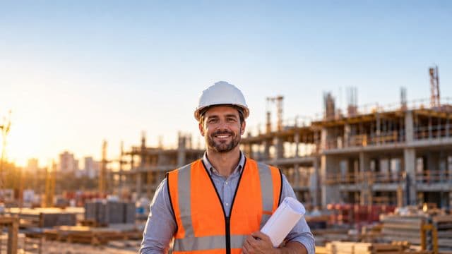 Engenheiro civil sorrindo, com capacete branco e colete refletivo laranja, segurando uma planta da obra enrolada, em um canteiro de obras com a estrutura de um prédio