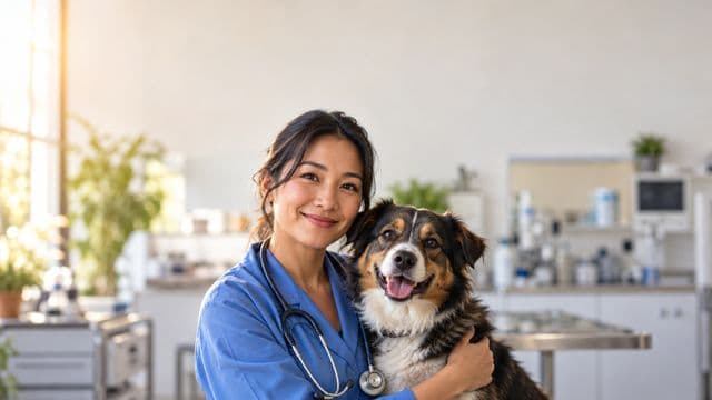 Médica veterinária sorrindo, com jaleco azul e estetoscópio, segurando com carinho um cachorro de porte médio, em uma clínica veterinária moderna e clara