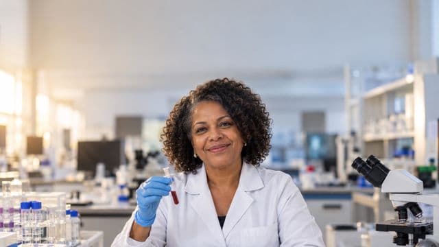 Biomédica sorrindo, com jaleco branco e luvas azuis, segurando um tubo de ensaio, em um laboratório de análises clínicas com microscópios e bancadas