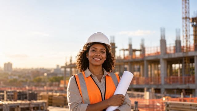 Engenheira civil sorrindo, com capacete branco e colete refletivo laranja, segurando uma planta da obra enrolada, em um canteiro de obras com a estrutura de um prédio