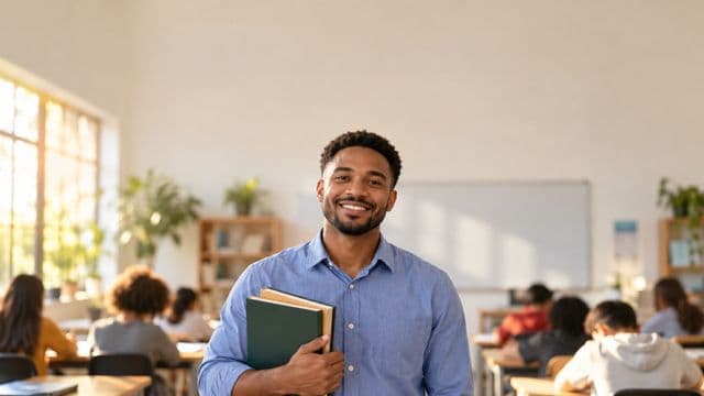 Professor sorrindo, com camisa social azul, segurando livros de capa lisa, em uma sala de aula moderna e clara com alunos desfocados