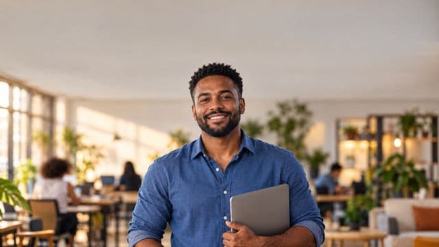 Empreendedor sorrindo, com camisa social azul com as mangas dobradas, segurando um notebook, em um espaço de coworking moderno e iluminado