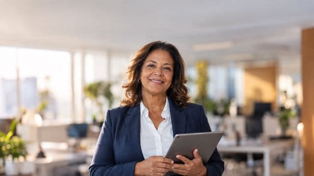 Profissional sorrindo, com blazer azul sobre camisa branca, segurando um tablet, em um escritório moderno e bem iluminado