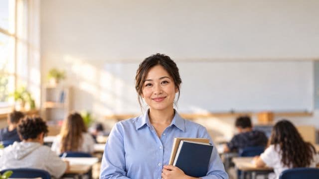 Professora sorrindo, com camisa social azul, segurando livros de capa lisa, em uma sala de aula moderna e clara com alunos desfocados