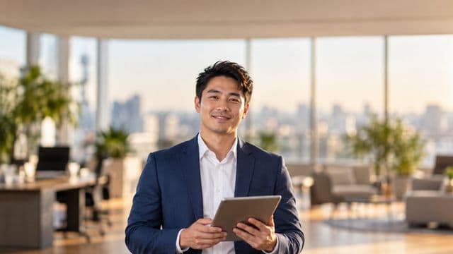 Profissional sorrindo, com blazer azul sobre camisa branca, segurando um tablet, em um escritório moderno e bem iluminado